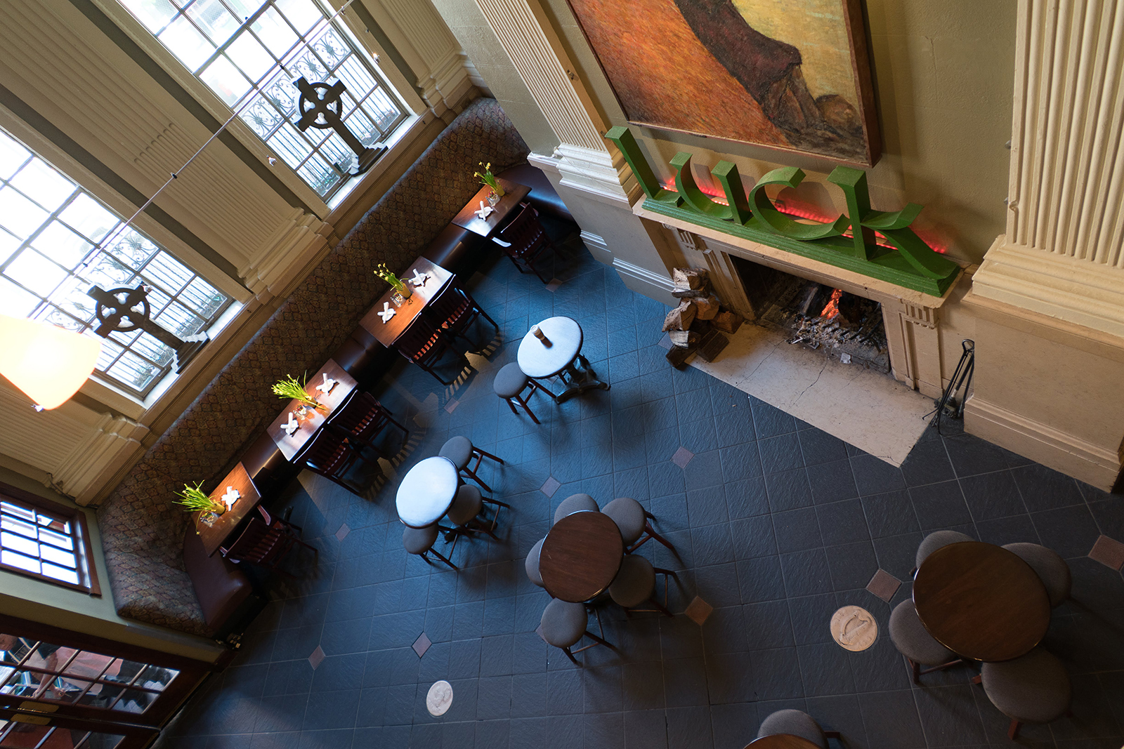 The cozy wood-panelled interior of The Plough and The Stars looking toward 2nd Street